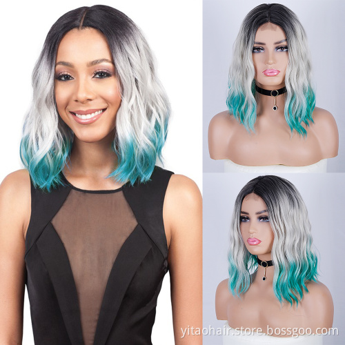 FZY Wholesale Price Good Omens Cosplay Black Roots  gray teal green three tones Ombre color Synthetic hair  lace Wigs Vendor